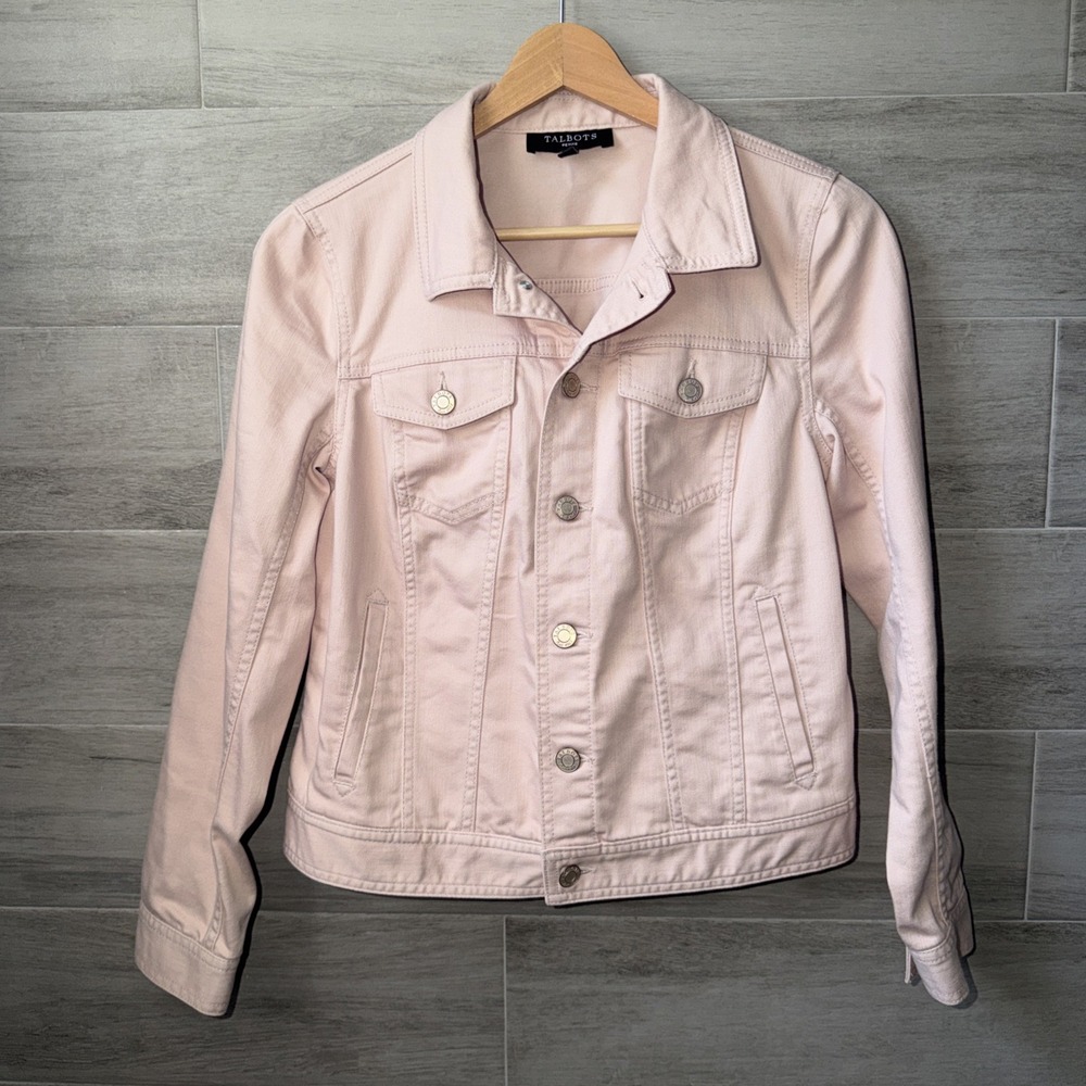 Talbots Pale Pink Denim Jacket Women's Petite Small Rose Gold Button Front